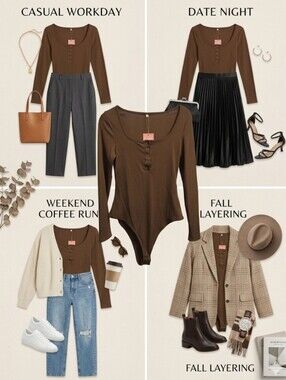 Brown Long-Sleeve Henley Bodysuit Pit 18